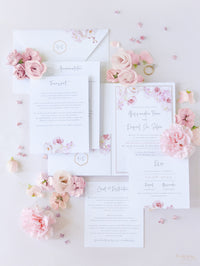 Invitación de boda estilo bolsillo floral de lujo en blanco y rosa con 4 tarjetas y papel de aluminio real