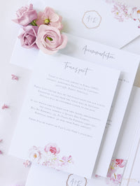 Invitación de boda estilo bolsillo floral de lujo en blanco y rosa con 4 tarjetas y papel de aluminio real