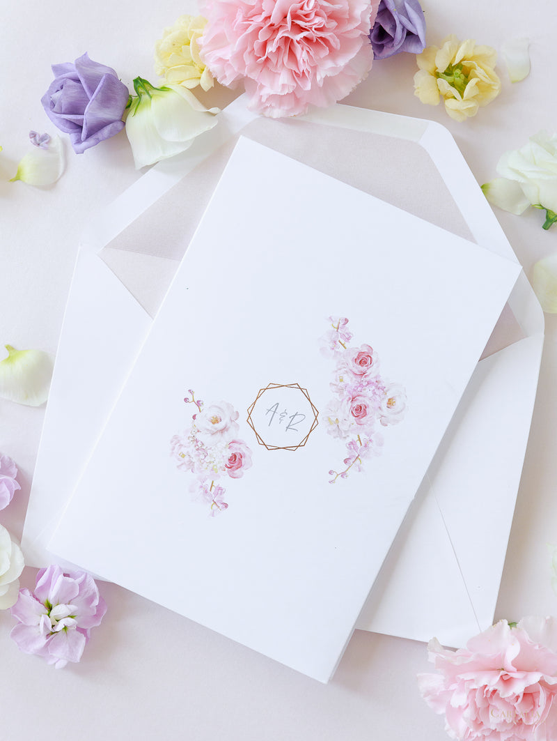 Tasca per peonie e rose con acquerelli e oro rosa | Commissione A&amp;R su misura