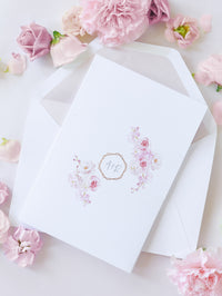 Invitation de mariage à poche florale de luxe en blanc et rose avec 4 cartes et un vrai papier d'aluminium