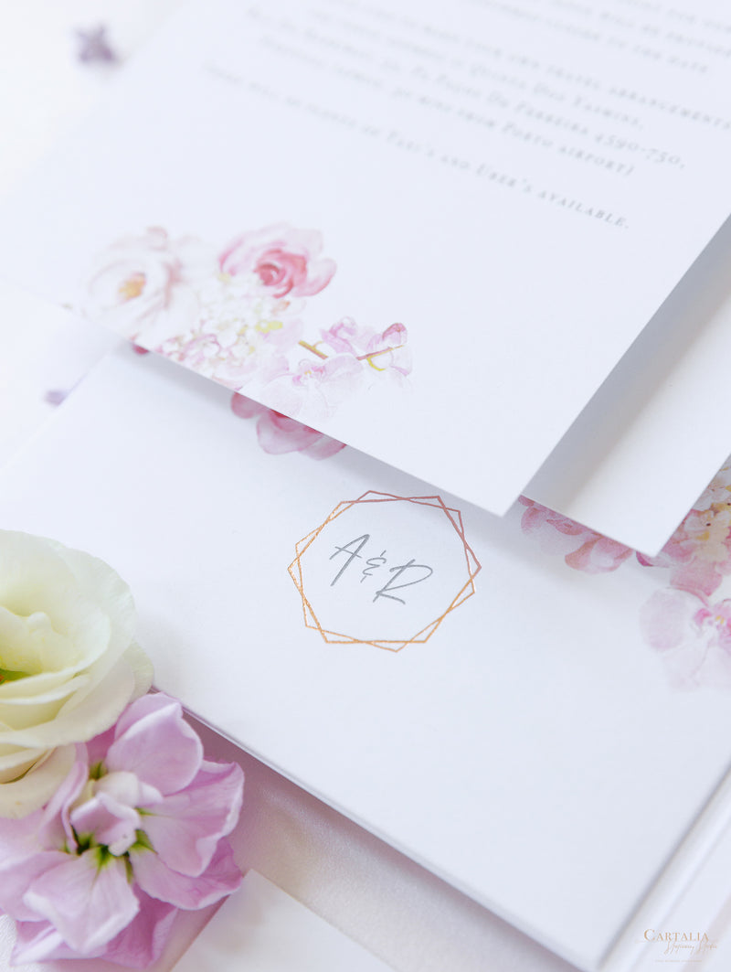 Tasca per peonie e rose con acquerelli e oro rosa | Commissione A&amp;R su misura