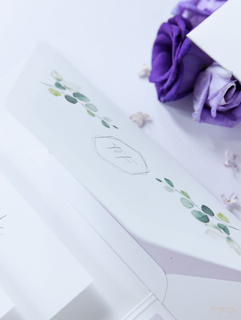 Invito a nozze tascabile viola lavanda con 3 biglietti e vera lamina