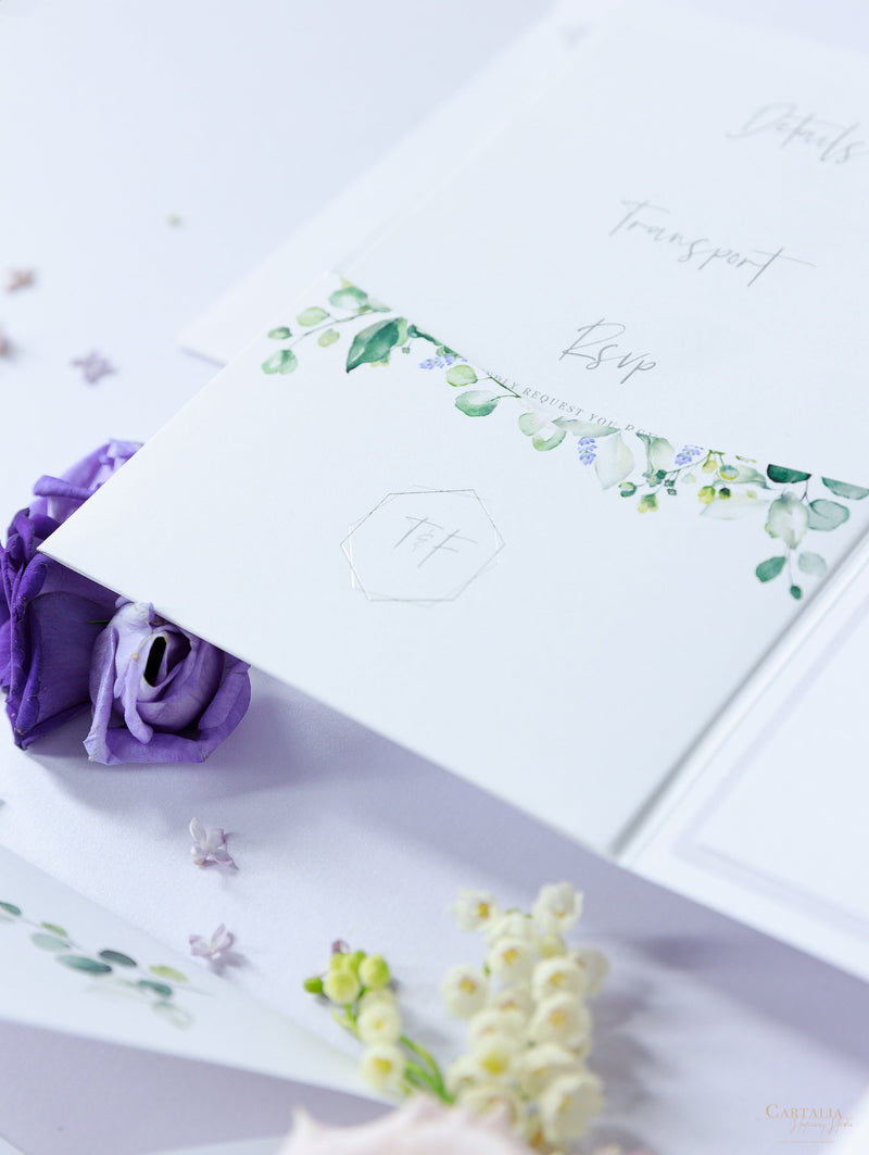 Invito a nozze tascabile viola lavanda con 3 biglietti e vera lamina