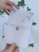 Eucalyptus Wedding invitation with Mirror Plexi Hexagon Tag in Vellum/ Parchment Suite