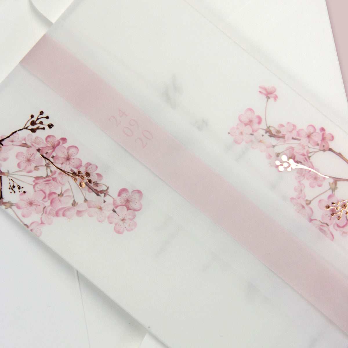 Modern Layered  Vellum/ Parchment Suite with Cherry Blossom Tree & Rose Gold Foil