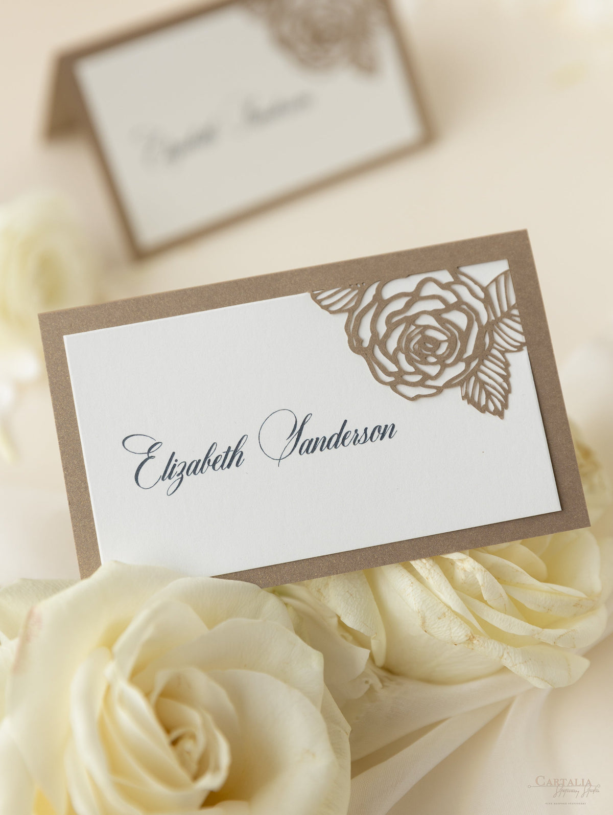 Tarjeta de lugar para boda con corte láser y rosas románticas