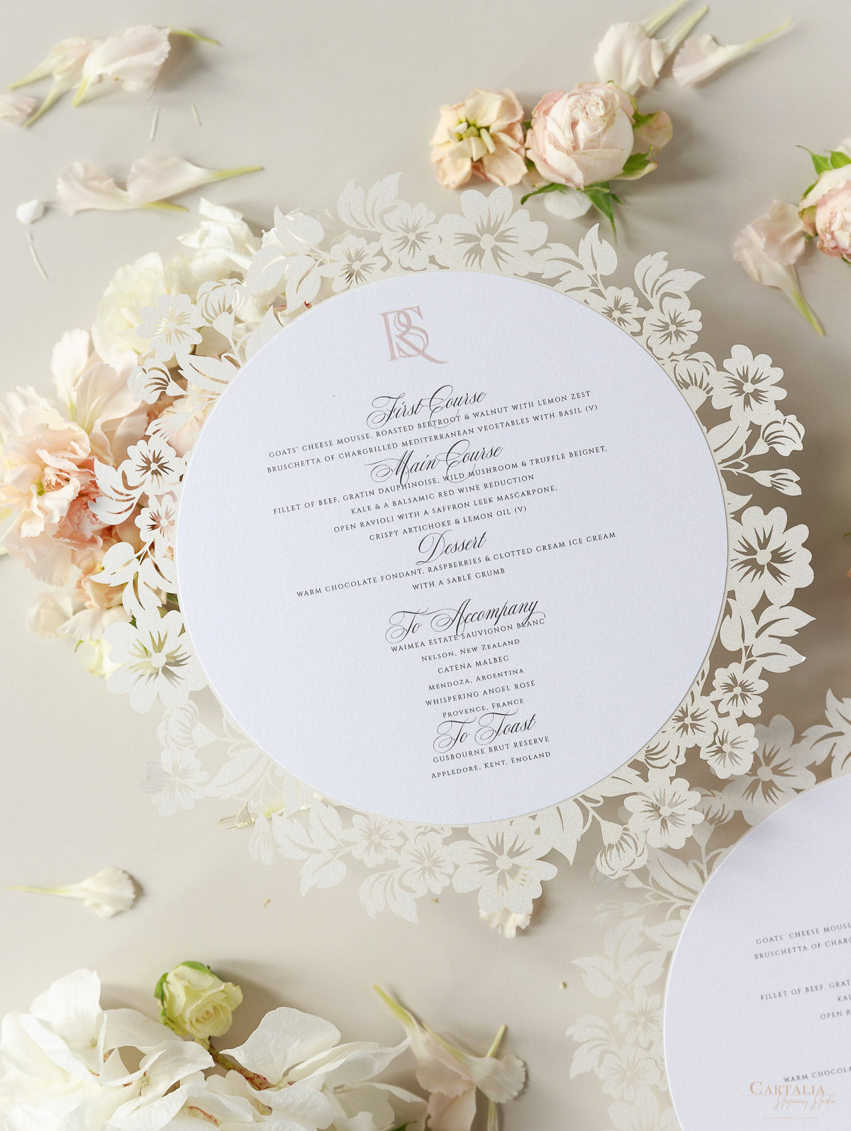 Romantic Plate Menu Cards with Intricate Laser Cutting