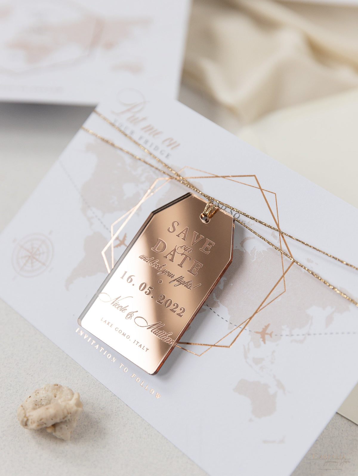 Wedding Save the Date Card with Rose Gold Plexi Mirror Luggage Magnet