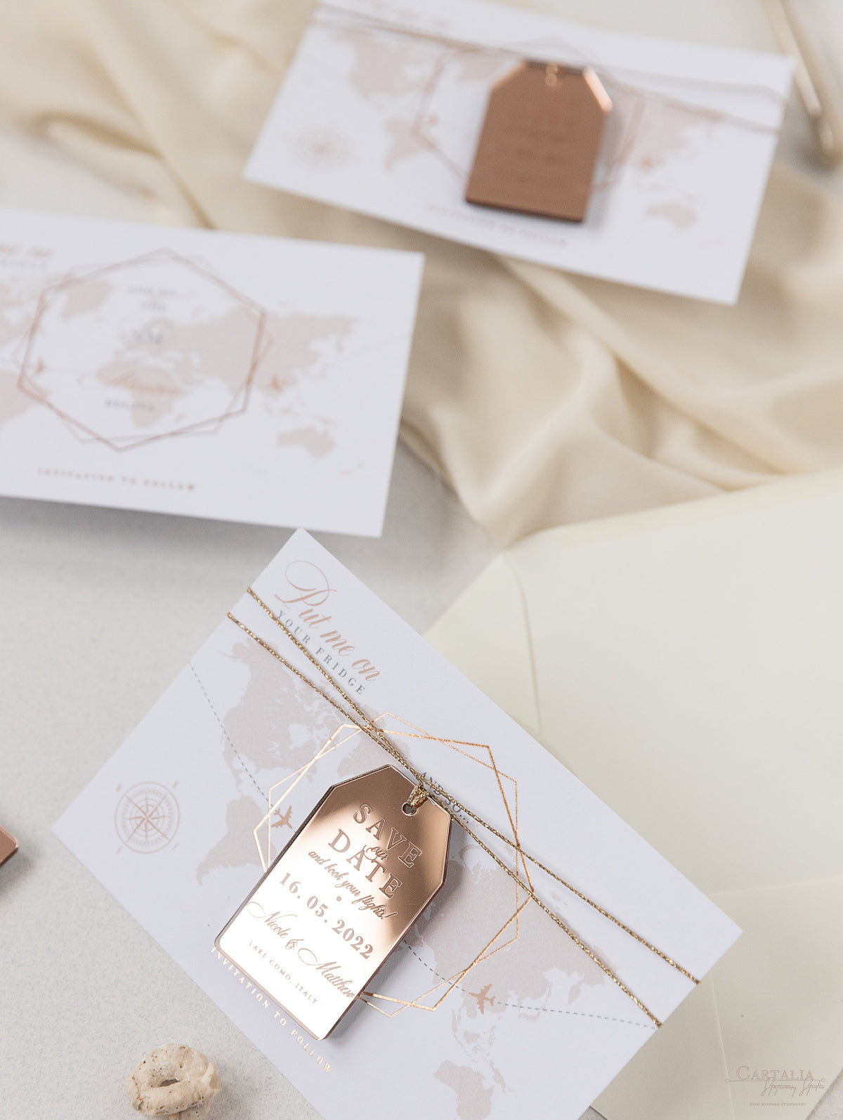 Wedding Save the Date Card with Rose Gold Plexi Mirror Luggage Magnet