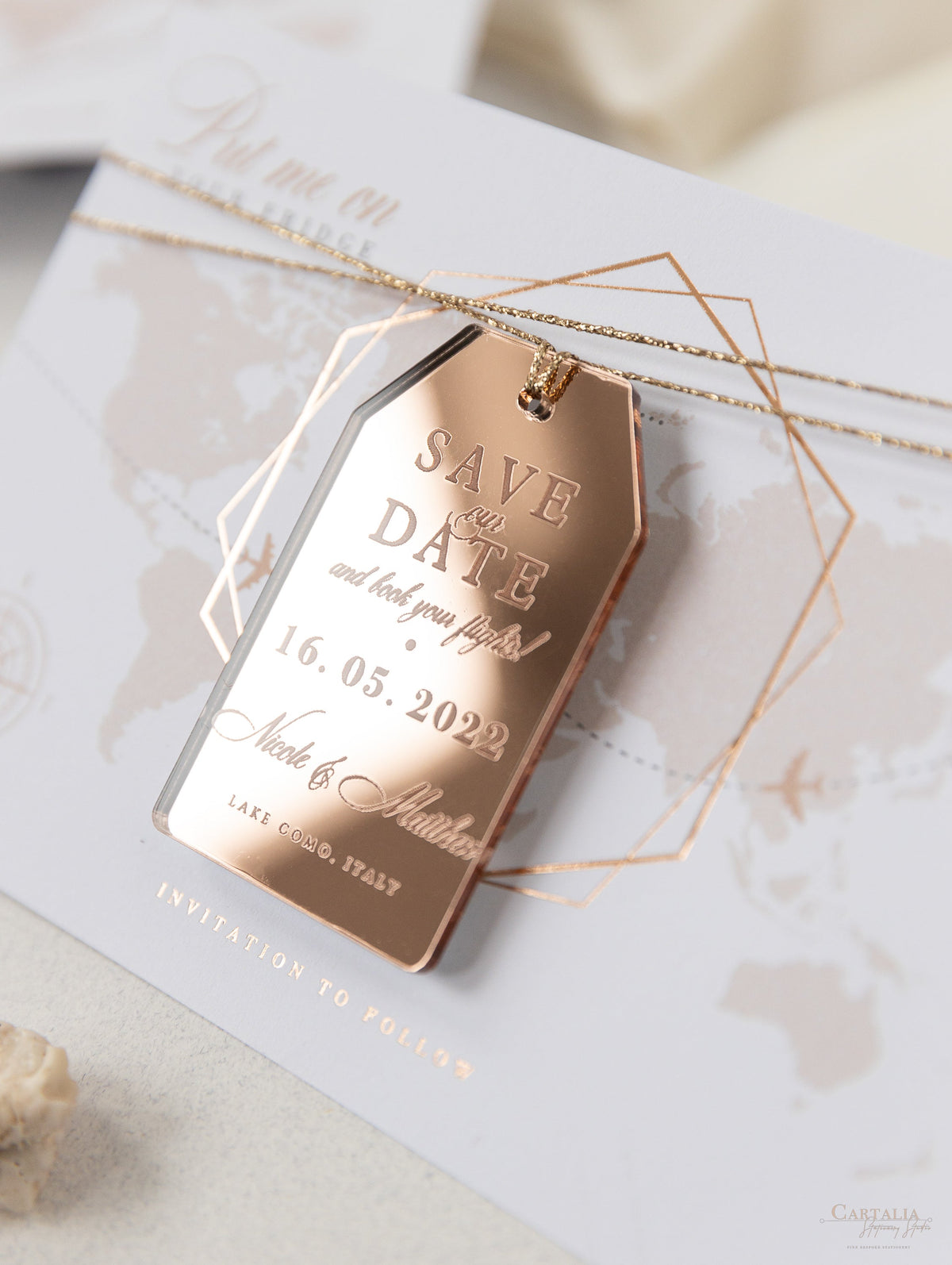 Wedding Save the Date Card with Rose Gold Plexi Mirror Luggage Magnet