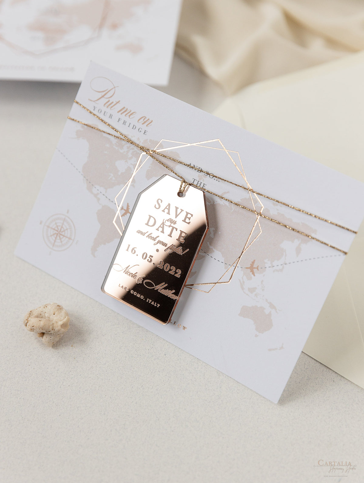 Wedding Save the Date Card with Rose Gold Plexi Mirror Luggage Magnet