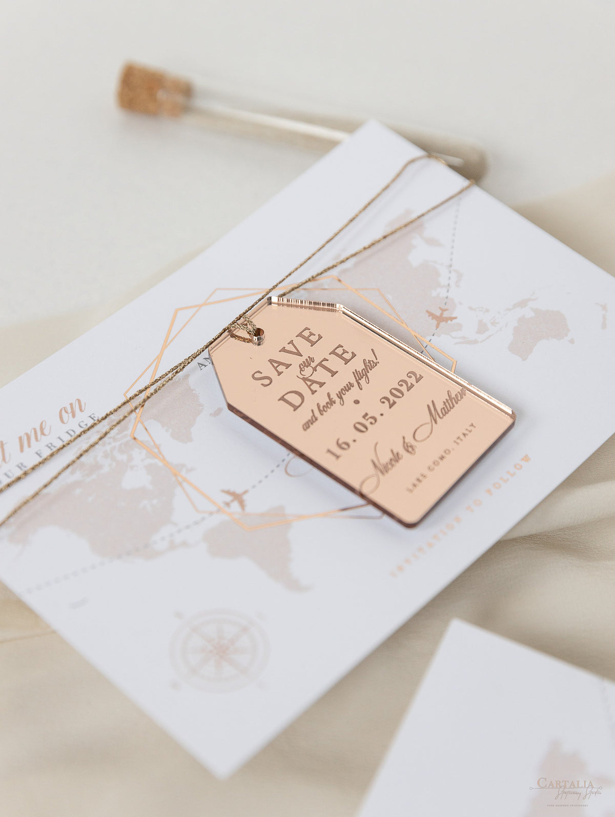 Wedding Save the Date Card with Rose Gold Plexi Mirror Luggage Magnet