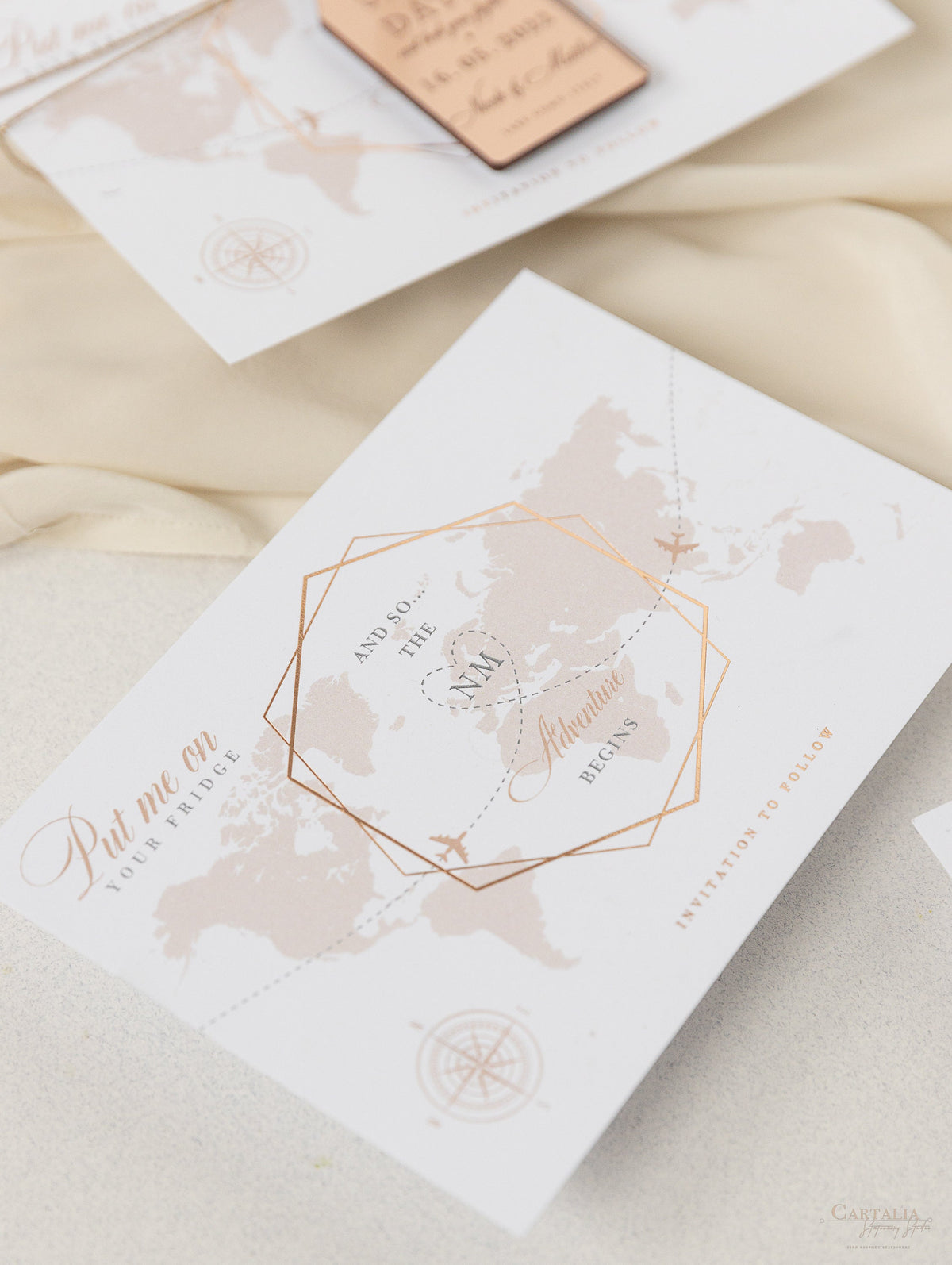 Wedding Save the Date Card with Rose Gold Plexi Mirror Luggage Magnet