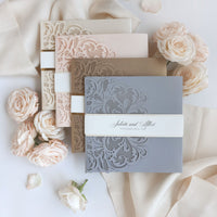 Champagne Opulence Laser Cut Lace Pocketfold Wedding Invitation Suite avec 3 niveaux: Informations invitées et voyages et carte RSVP