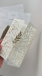 Pocket with 4 inserts in White Arch Gatefold with Intricate Laser Cut Leaf and Gold Foil
