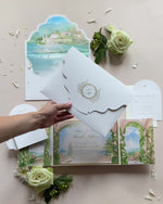 Villa del Balbianello Luxury Wedding Invitation Suite | Pocketstyle Folio with Watercolour Venue and Gold Foil |  Lake Como Wedding