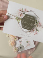 Hexagonal Mirror Magnet Personalised Engraving with Rose Gold Foil Save the Date Card