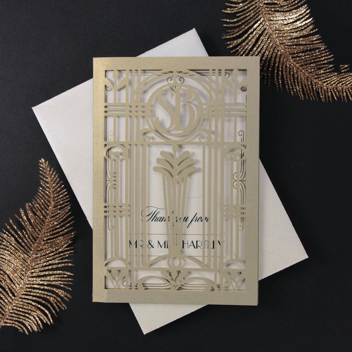 Golden Hollywood Lasercut Gate, Invitación a la recepción/noche del Gran Gatsby