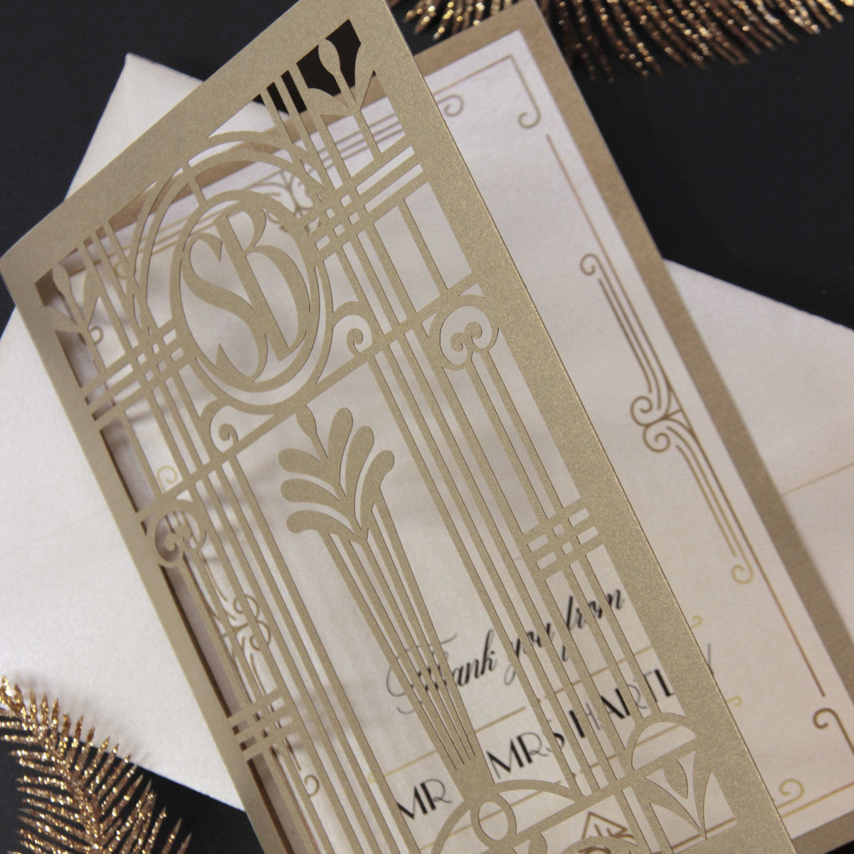 Golden Hollywood Lasercut Gate, Great Gatsby Reception / Evening Invitation