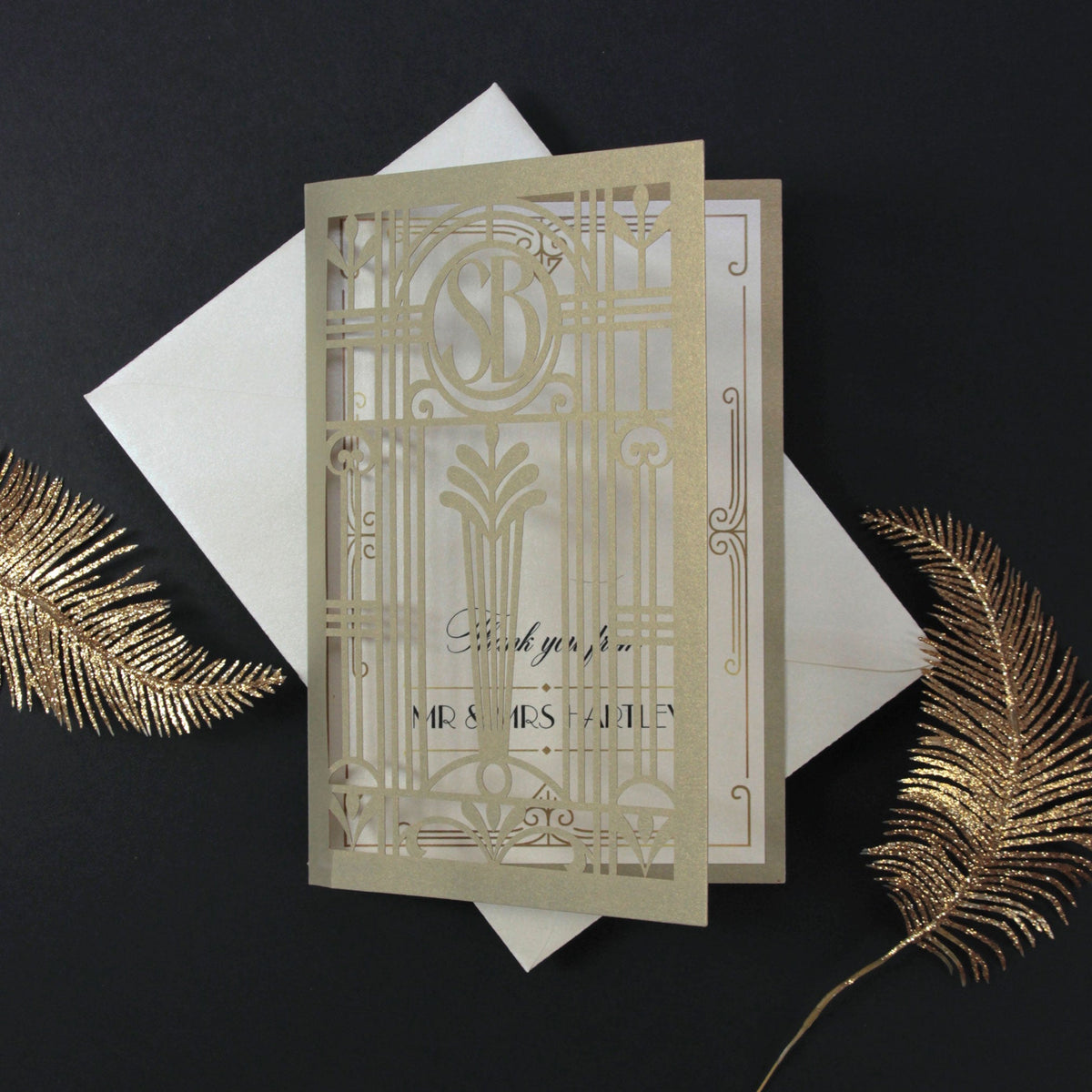 Golden Hollywood Lasercut Gate, Invitación a la recepción/noche del Gran Gatsby