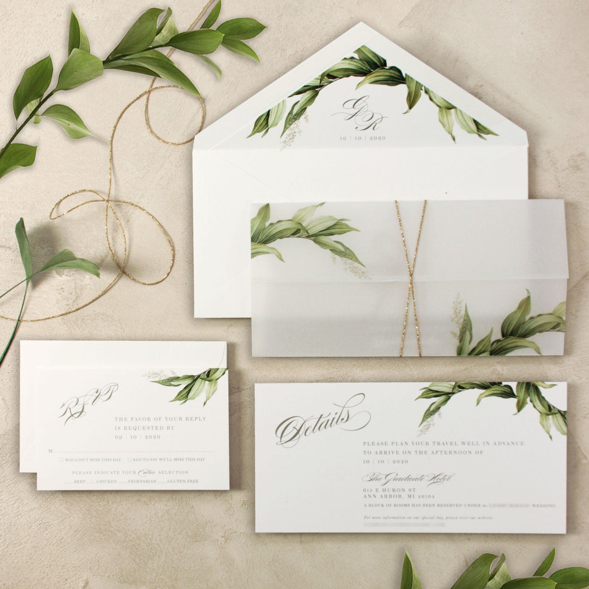 Botanic Vellum Wrap with Design Perspex Acrylic See Through Plexi Invitation - Engraved