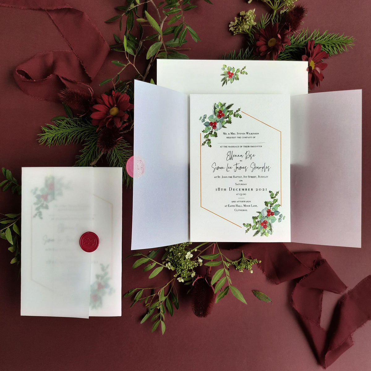 Beso de muérdago | Invitaciones de boda navideñas con sello de cera Monogram Vellum Suite