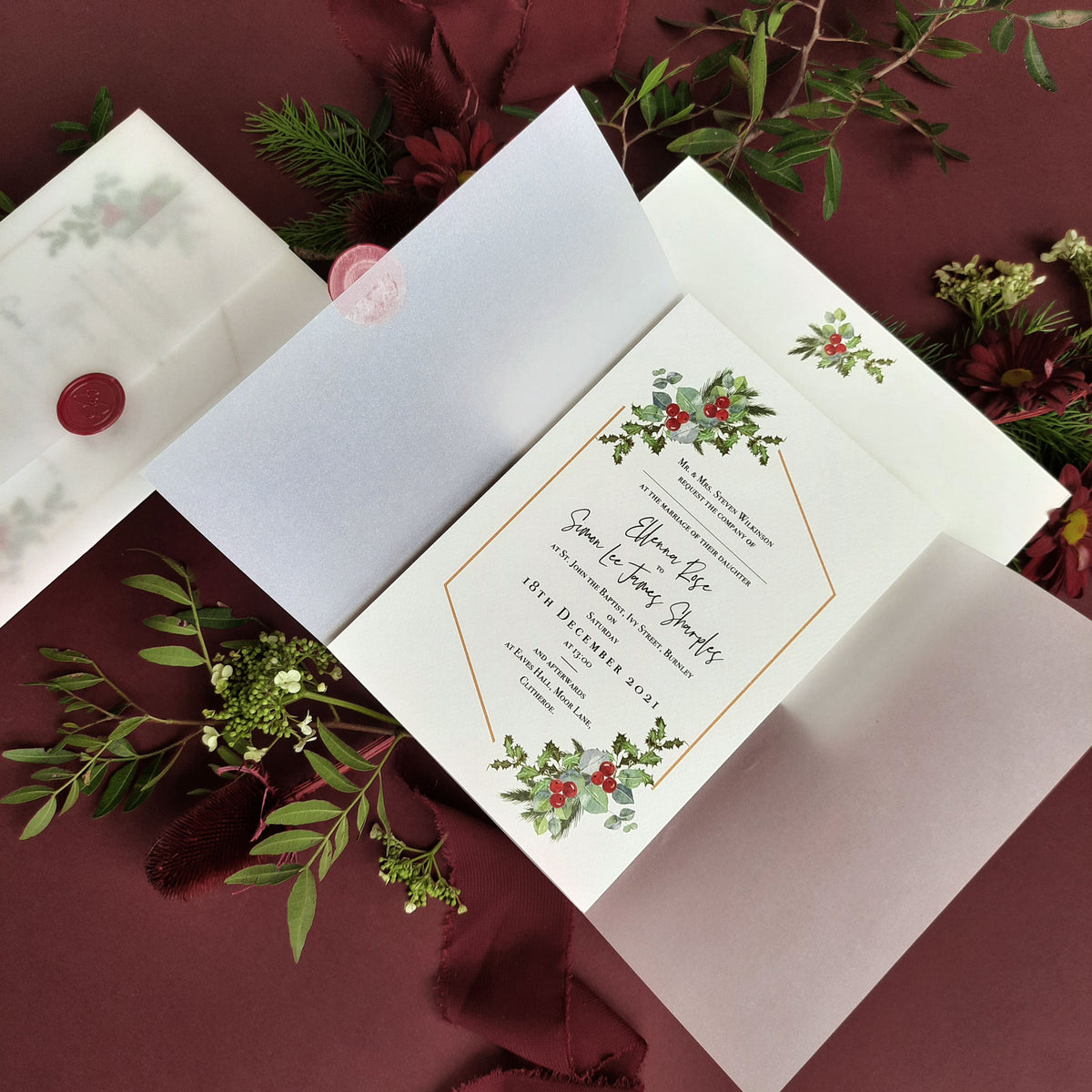 Mistletoe Kiss |  Christmas Wedding Invitations with Wax Seal Monogram Vellum Suite