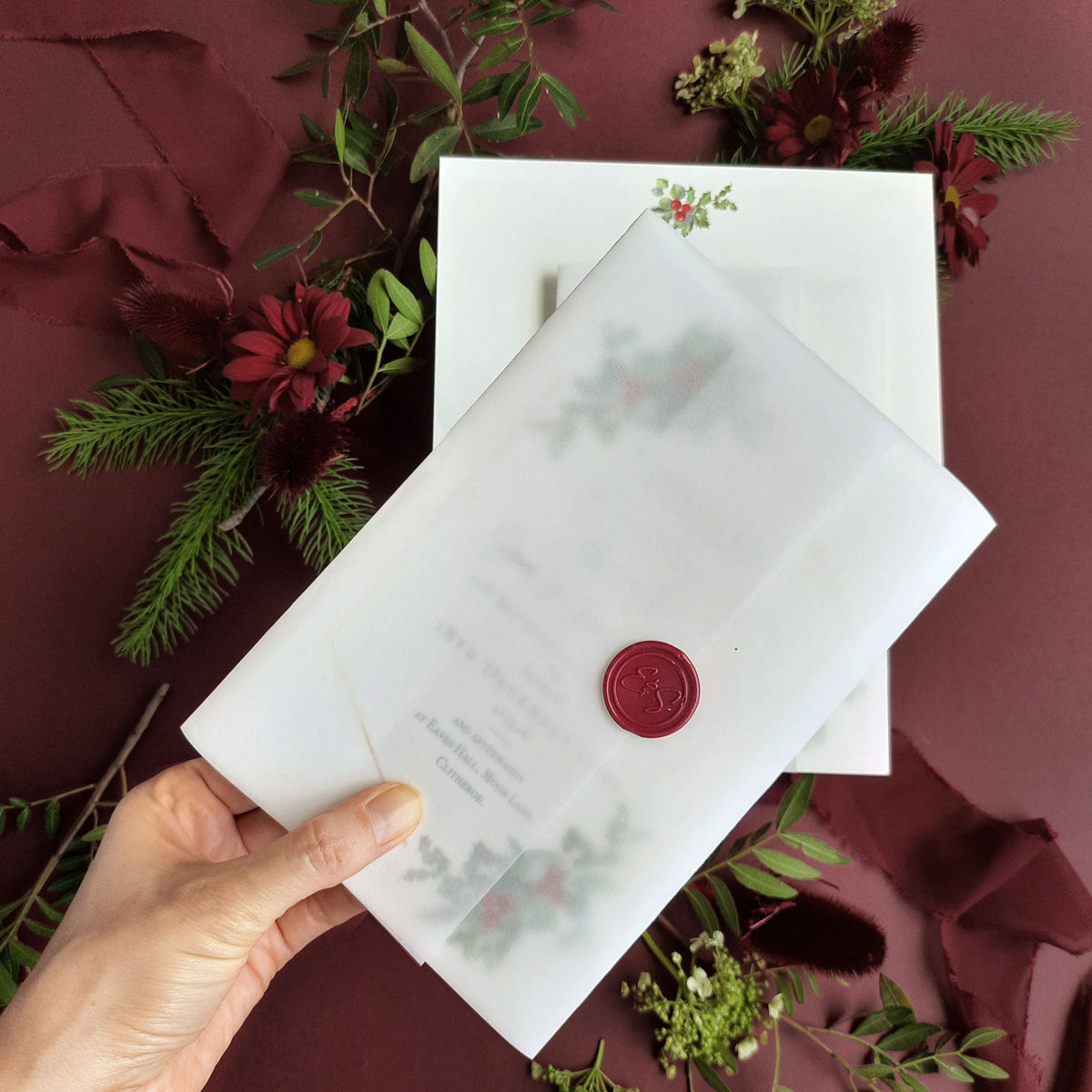 Mistletoe Kiss |  Christmas Wedding Invitations with Wax Seal Monogram Vellum Suite