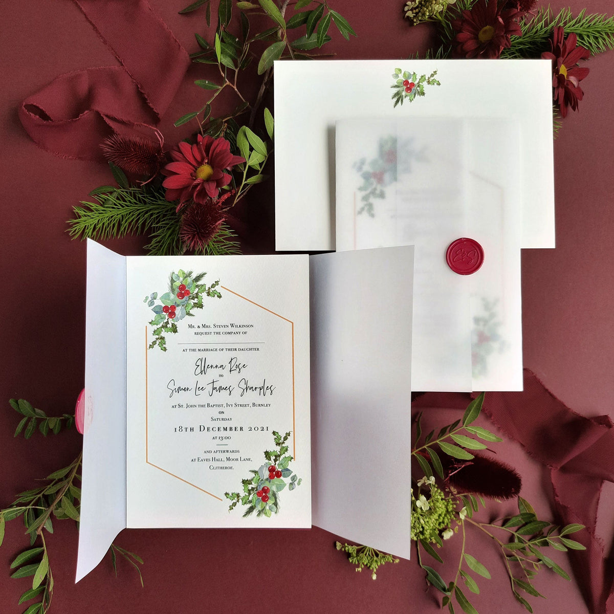 Mistletoe Kiss |  Christmas Wedding Invitations with Wax Seal Monogram Vellum Suite