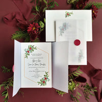 Beso de muérdago | Invitaciones de boda navideñas con sello de cera Monogram Vellum Suite