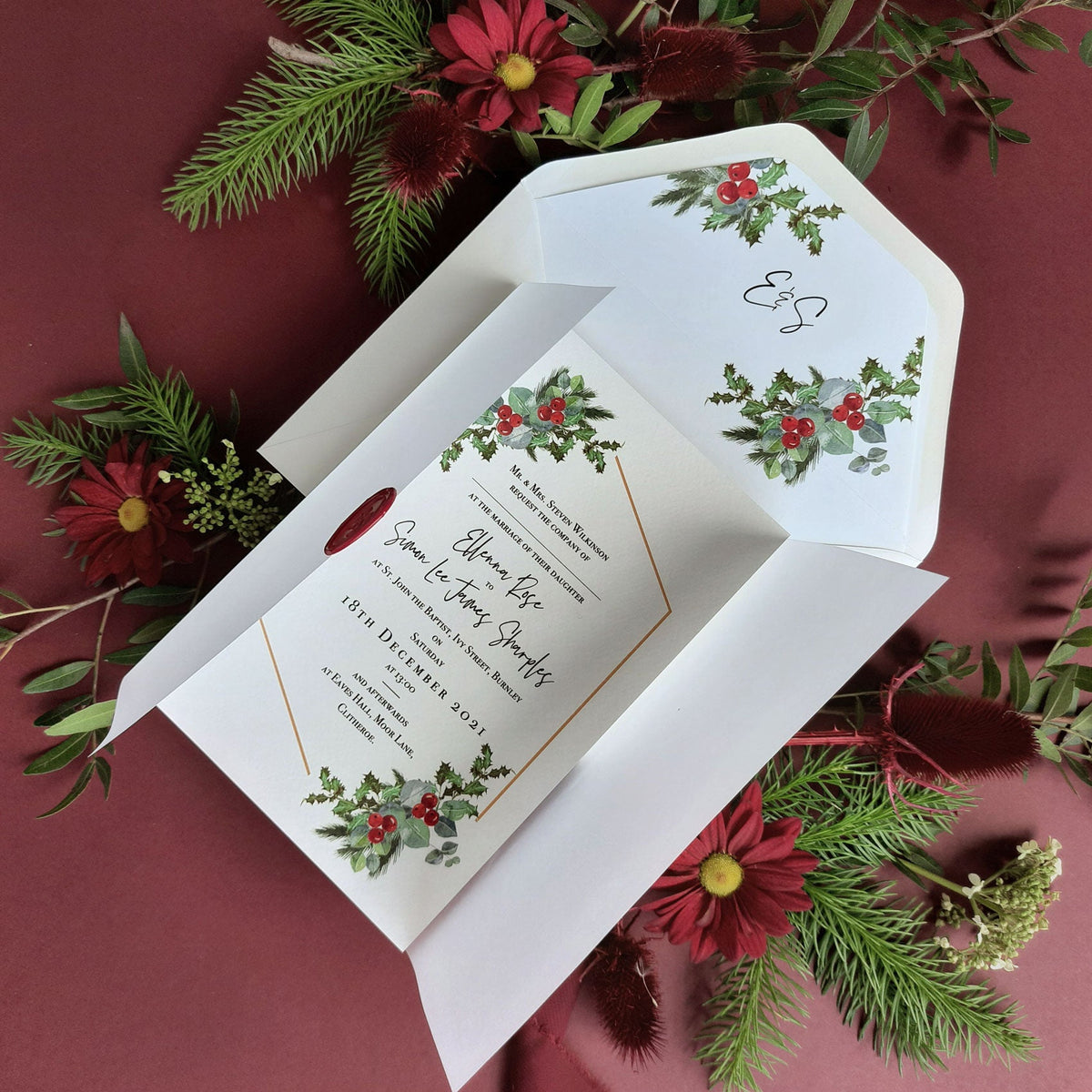 Mistletoe Kiss |  Christmas Wedding Invitations with Wax Seal Monogram Vellum Suite