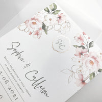 Invitation de réception en soirée Vellum Suite & RSVP dans Blush Boho Floral Design Rose Gold Foil Mirror Plexi