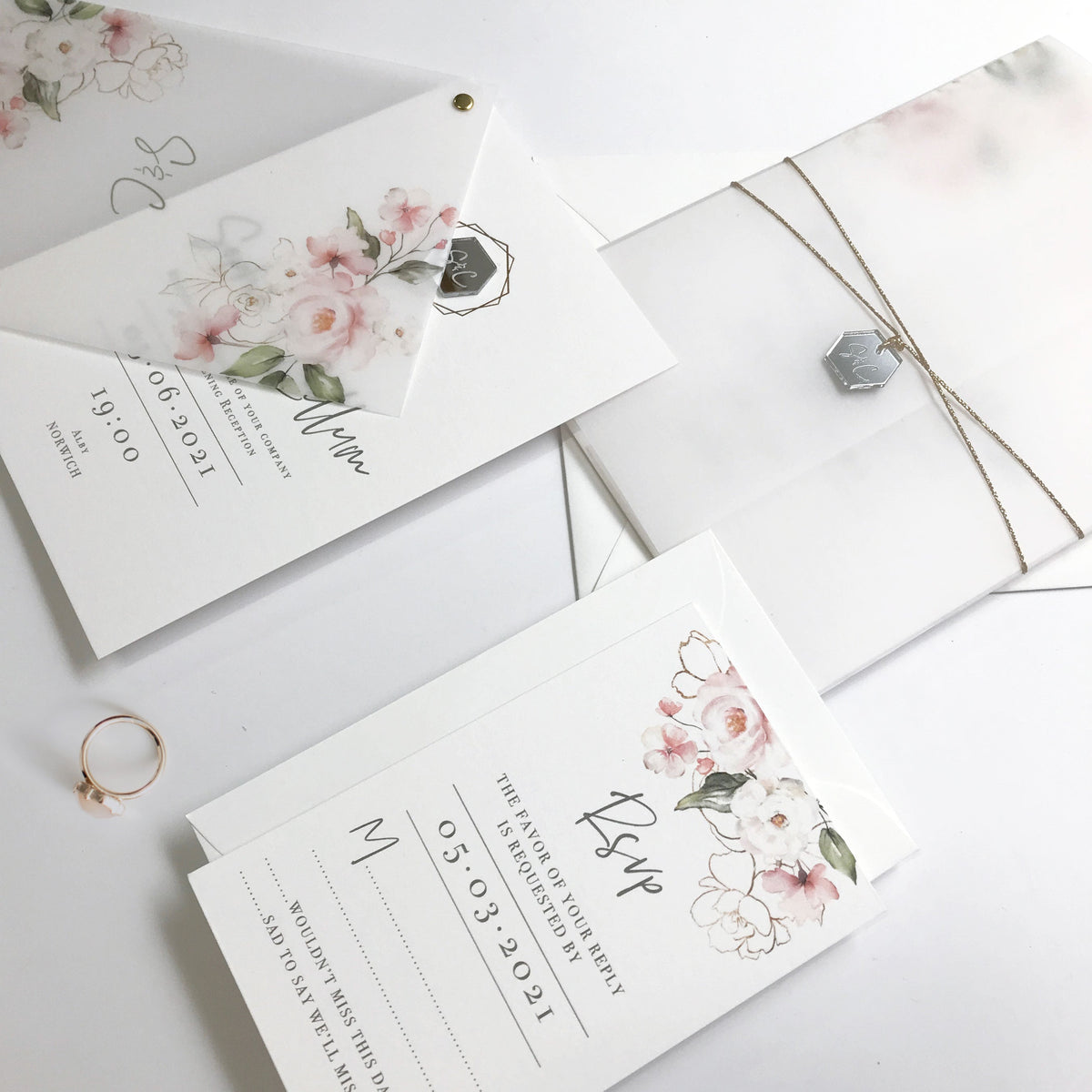 Vellum Suite Evening Reception Invitation & RSVP in Blush Boho Floral Design Rose Gold Foil Mirror Plexi