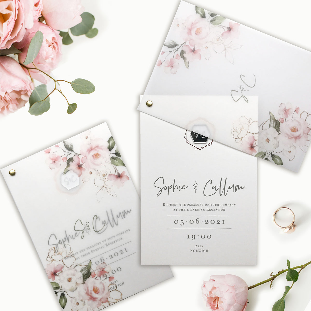 Invitation de réception en soirée Vellum Suite & RSVP dans Blush Boho Floral Design Rose Gold Foil Mirror Plexi