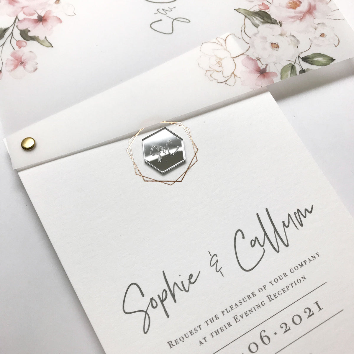 Invitation de réception en soirée Vellum Suite & RSVP dans Blush Boho Floral Design Rose Gold Foil Mirror Plexi