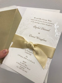 Pearl Embossed Elegant Lily of the Valley Invitation with Satin French Ribbon and Gold Ink