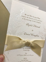 Pearl Embossed Elegant Lily of the Valley Invitation with Satin French Ribbon and Gold Ink