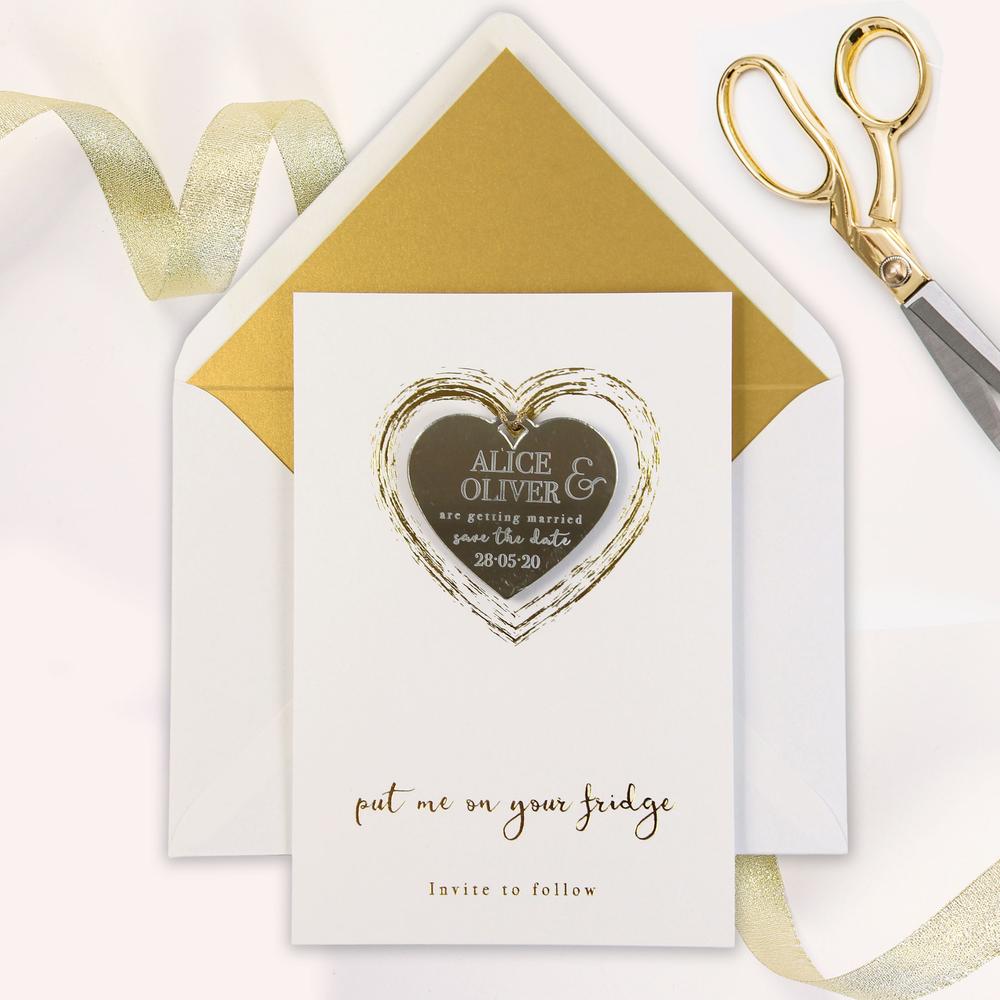 Plexi Heart Save the Date Magnet in Rose Gold Foil Mirror with card