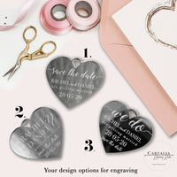 Silver Foil and Mirror Save the Date Magnet in Plexi Engraving with Card and Envelope