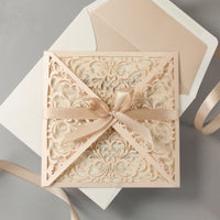 Soft Peach Laser Cut Lace Pocketfold Wedding Invitation with Satin Ribbon + Wedding Wish Set