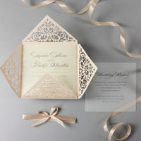 Soft Peach Laser Cut Lace Pocketfold Wedding Invitation with Satin Ribbon + Wedding Wish Set