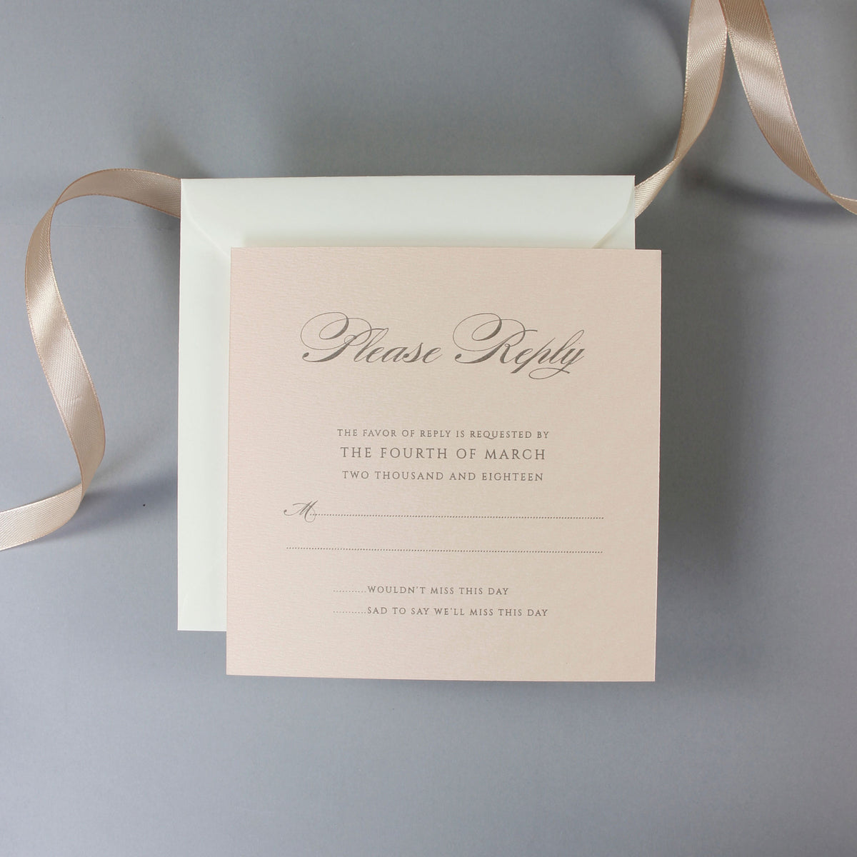 Soft Peach Laser Cut Lace Pocketfold Wedding Reply, RSVP Card