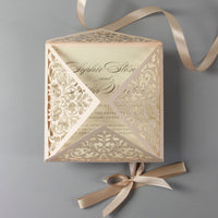 Soft Peach Laser Cut Lace Pocketfold Wedding Invitation with Satin Ribbon + Wedding Wish Set