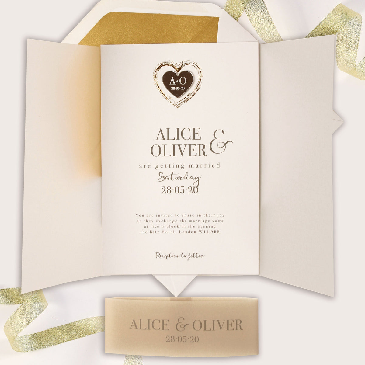 Plexi Heart Foil Mirror Day Invitation Pocket / Folder in Vellum Sleeve and RSVP card