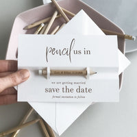 Pencil us in ✏ Save the Date Wedding Card in Dusty Pink with your names Engraved