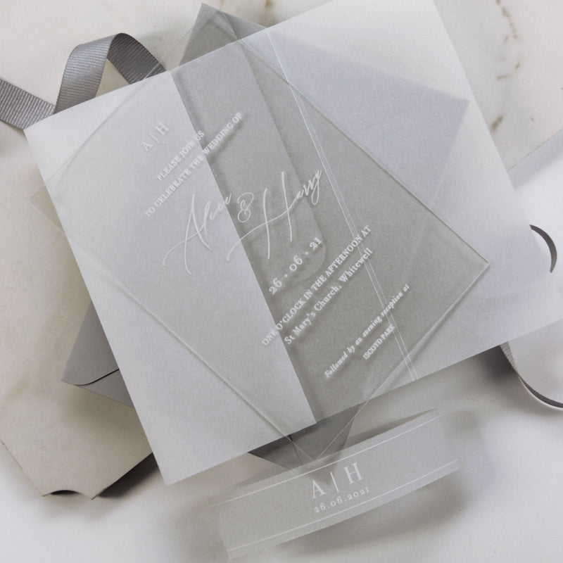 Vellum Wrap with White Ink Design Perspex Acrylic See Through Plexi Invitation - Engraved