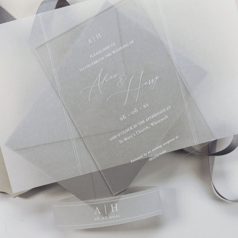 Vellum Wrap with White Ink Design Perspex Acrylic See Through Plexi Invitation - Engraved
