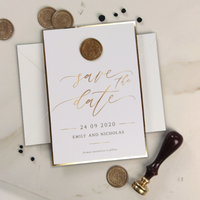 Gold Wax Seal Calligraphy Style Save the Date with Luxury Gold Foil Trim