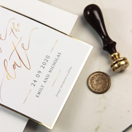 Gold Wax Seal Calligraphy Style Save the Date with Luxury Gold Foil Trim