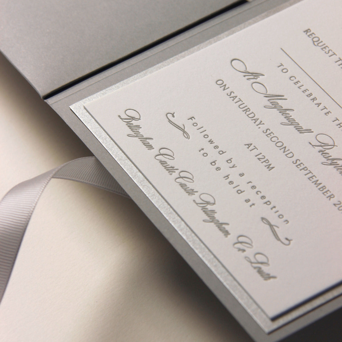 Luxury 710gsm Letterpress Folder Pocket Invitation Suite with Mirror Tag and Bow Tied Ribbon